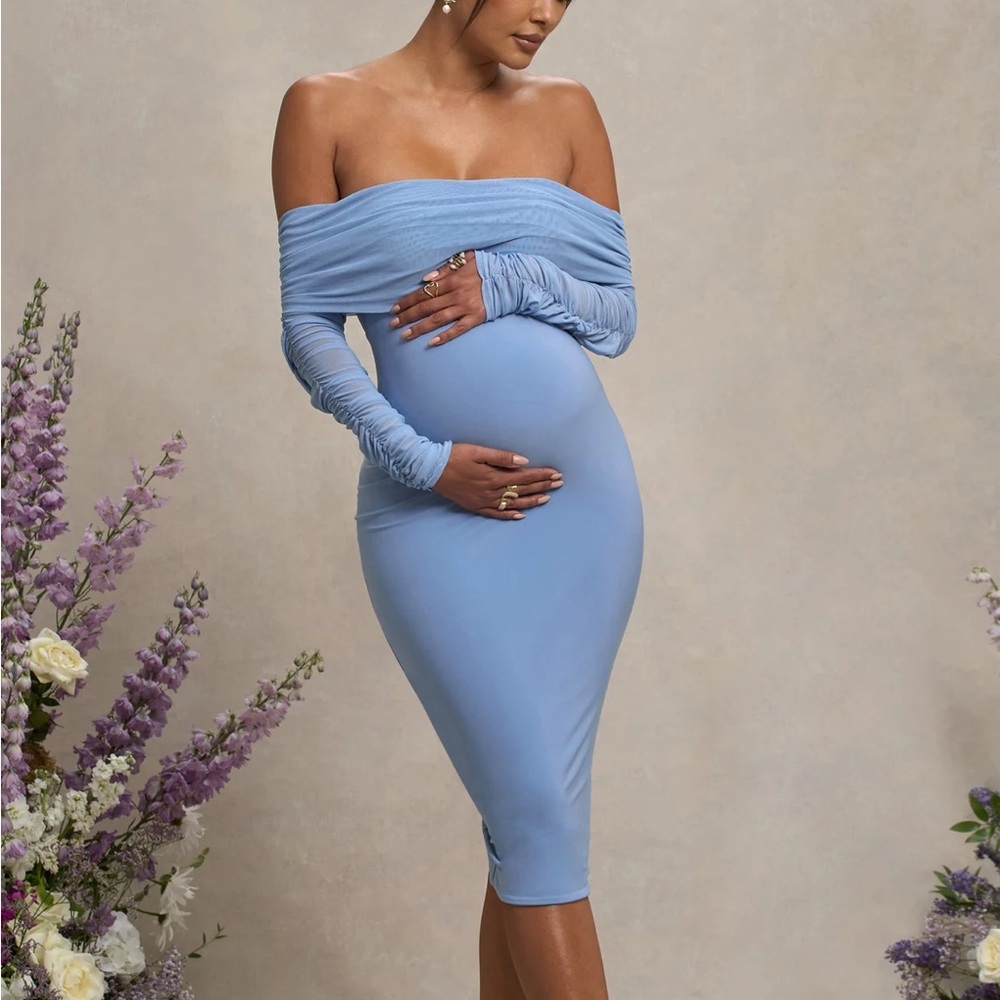 Club L London Maternity Off-Shoulder Long Sleeve Blue Dress